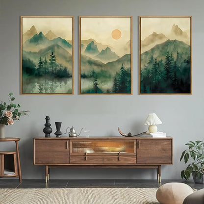 IARTTOP Extra Large Green Forest Wall Art 24x36 Inch Framed Foggy Mountain Canvas Art Prints Nature Landscape Wall Decor for Living Room Bedroom Office Set of 3