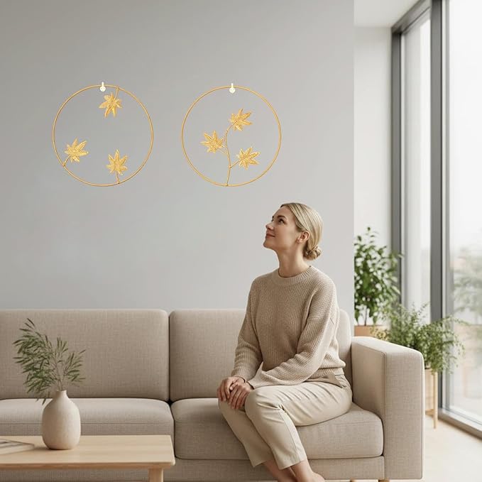 Goodangie00 2Pcs Metal Gold Maple Leaf Wall Art - 9.5" Handmade 3D Botanical Modern Tropical Silhouette Hanging Sculptures for Living Room Bathroom Bedroom Office, Boho Decor Gift