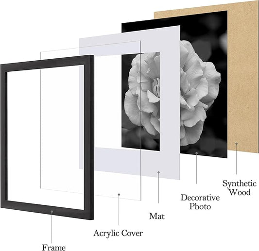 eletecpro 12x12 Picture Frames Set of 9 with Clear Acrylic Cover, Display 8x8 Photos with Mat or 12x12 Without, Classic and Sturdy Square Collage Gallery Wall Decor, Easy Wall Mount, Black