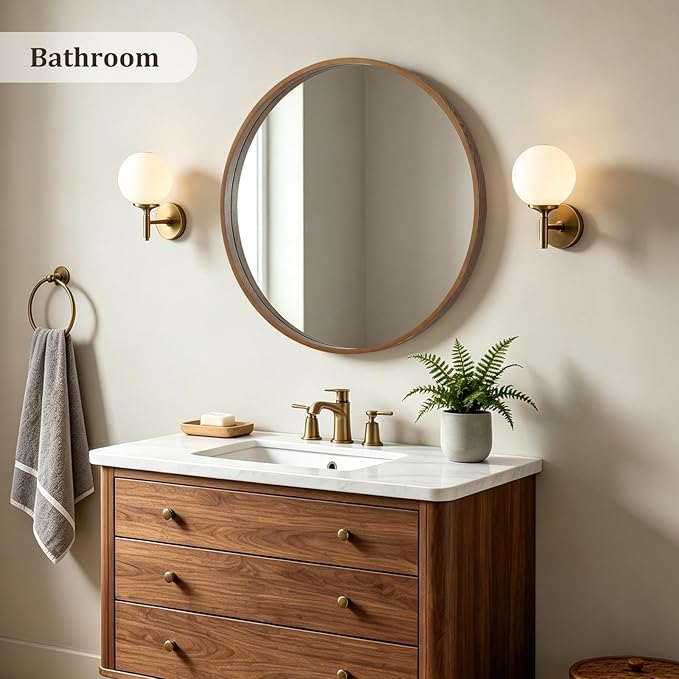 HOMECOOKIN Round Wood Mirror 28 inch Circle Mirror, Rustic Farmhouse Wooden Framed Decorative Wall Decor, Vanity Wall Mirror for Bathroom, Bedroom, Entryway, Living Room (Walnut)