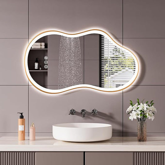WTTY LED Irregular Bathroom Mirror 20x36 Inch with Front & Back Lights - Asymmetrical Design, Anti-Fog, Dimmable 3 Color Temperatures, Shatterproof Glass, Horizontal or Vertical Mount (Gold Frame)