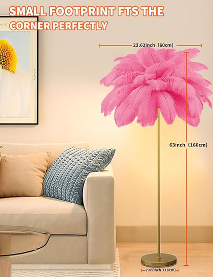 Feather Floor Lamp,Fluffy Ostrich Feather Floor Lamp for Bedroom,3 Color Temperatures Led Corner Modern Floor Lamps for Living Room Christmas Home Decor House Warming Gifts,63″ Height (Deep Pink)