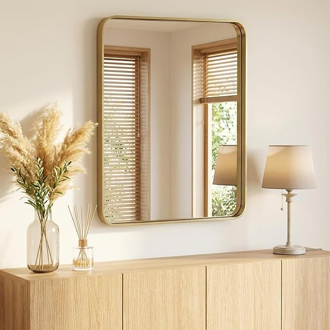 NEWBULIG 28X36 Inch Bathroom Mirror for Over Sink, Wall Vanity Mirrors Tempered Glass, Anti-Rust Metal Framed Rounded Rectangle, Hangs Horizontally or Vertically, Farmhouse Home Decor, Gold