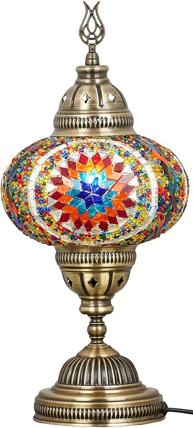 DEMMEX – 7" Large Globe Turkish Moroccan Mosaic Table Lamp, Handcrafted Tiffany-Style Colorful Glass Bedside, Desk & Table Light, Artisan Decor for Living Room or Bedroom, 14" H (Multicolor)