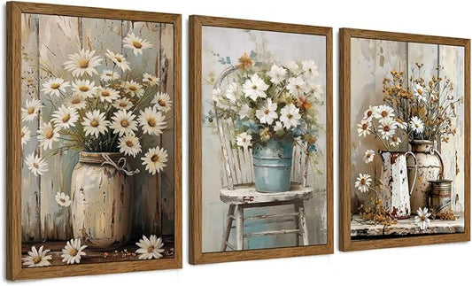DUWQU 3 Piece Framed Elegant Farmhouse Canvas Wall Art, Vintage Floral Pictures Wall Decor, Nature Themed Daisy Art Prints for Living Room Bedroom Kitchen and Office Ready to Hang 12×16 Inches