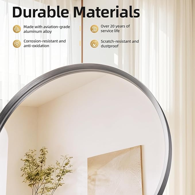 Brushed Nickel 36 inch Large Round Bathroom Mirror for Wall, 36 inch Large Sliver Circle Mirror for Wall, New Frame Design, Tempered Glass,Wall Mounted Circle Mirror for Vanity, Entryway, Bedroom
