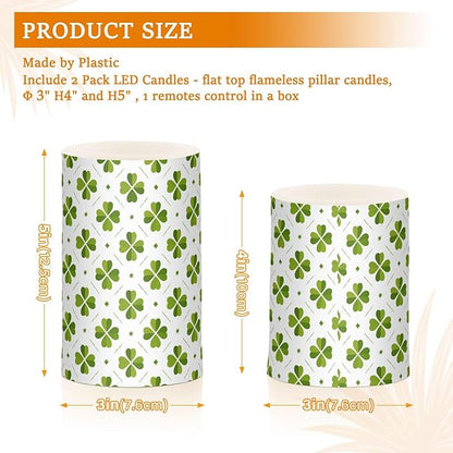 ALAZA St Patricks Day Clover Leaves Shamrocks Flickering Flameless Candles Battery Operated with Remote Timer,Tea Light Candles LED Pillar Votive Candles Set of 2 for Outdoor Indoor Decorations