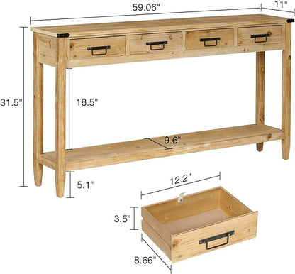 RUSTOWN Farmhouse Console Table with 4 Drawer, 60" Long Rustic Entryway Table with Open Storage Shelves and Handmade Metal Handle, Narrow Foyer Sofa Table for Living Room, Entryway, Hallway(Natural)