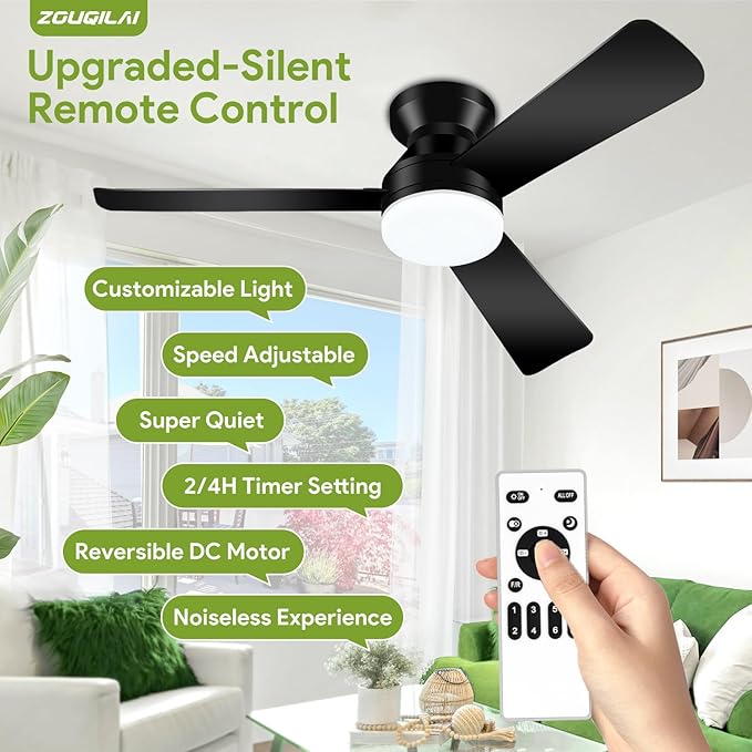 2 Pack 42" Black Ceiling Fans with Lights and Remote, Low Profile Ceiling Fan with Light, Reversible DC Motors, 3CCT Dimmable Timer Noiseless, Flush Mount Ceiling Fan for Bedroom/Living Room