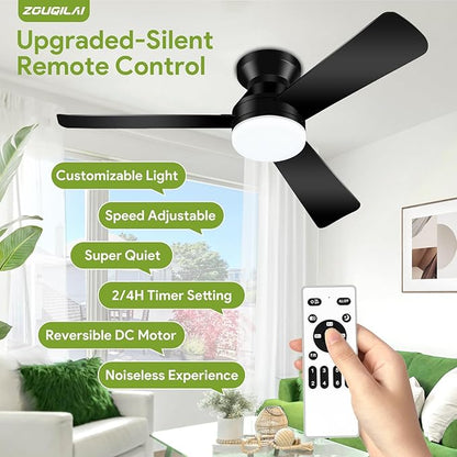 2 Pack 42" Black Ceiling Fans with Lights and Remote, Low Profile Ceiling Fan with Light, Reversible DC Motors, 3CCT Dimmable Timer Noiseless, Flush Mount Ceiling Fan for Bedroom/Living Room