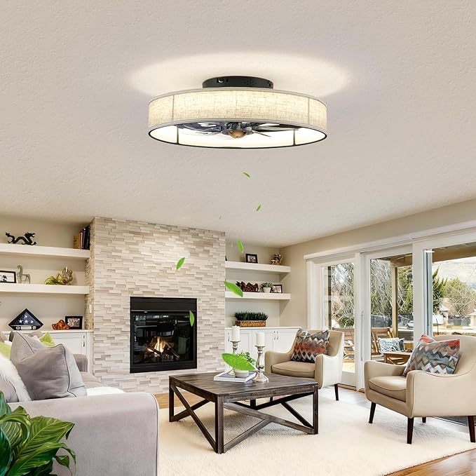 19.6" Low Profile Caged Ceiling Fan with Light and Remote,Flush Mount Smart Fandelier, 6 Speed Settings, Adjustable 3000K-6500K LED, Bladeless Fabric Design, Modern Farmhouse Ceiling Fans for Bedroom
