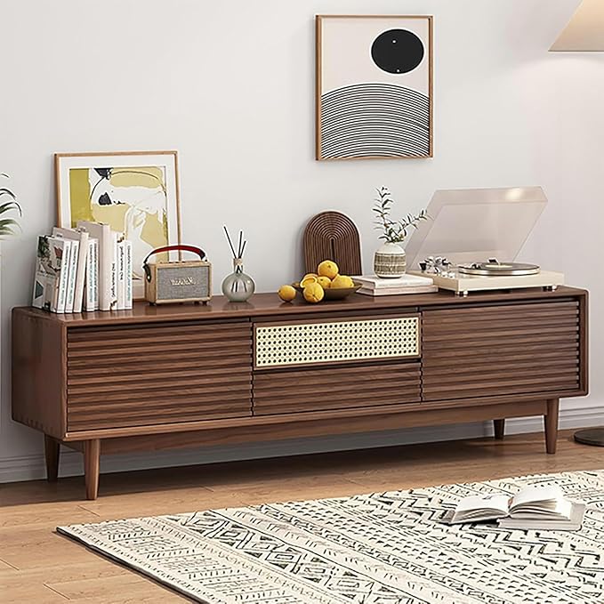 TV Stand Wood TV Stand, TV-Console, with Rattan Lower-Flap Door, Entertainment Center, with Cable Hole, Already Assembled TV Cabinet, TV Tables with Storage, for Living Room(Natural,Wood Leg)