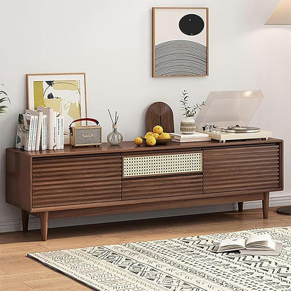 TV Stand Wood TV Stand, TV-Console, with Rattan Lower-Flap Door, Entertainment Center, with Cable Hole, Already Assembled TV Cabinet, TV Tables with Storage, for Living Room(Natural,Wood Leg)