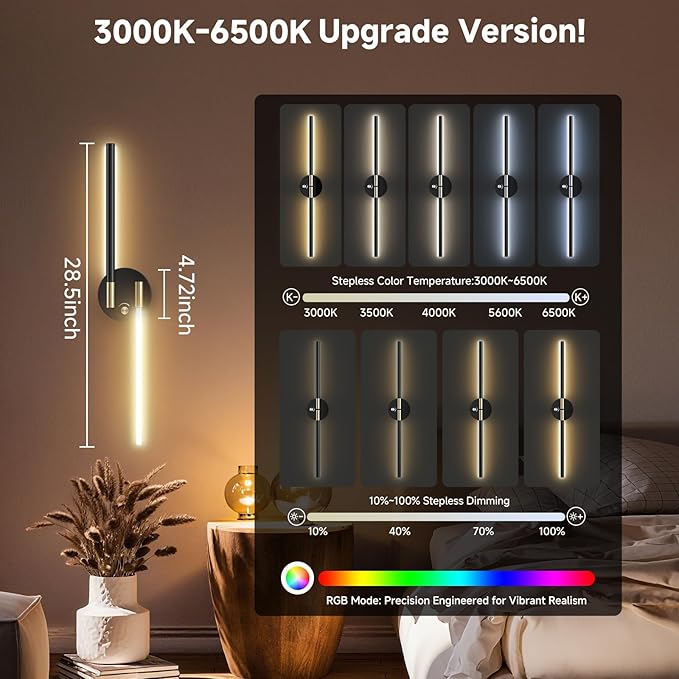 Wall Sconces with 360°DIY Independently Rotatable Lamp,10000mAh Rechargeable Battery Operated,Wireless Magnetic Wall Lights with Remote,RGB Colors&Dimmable,Wall Decor for TV/Mirror,Bedroom,Staircase