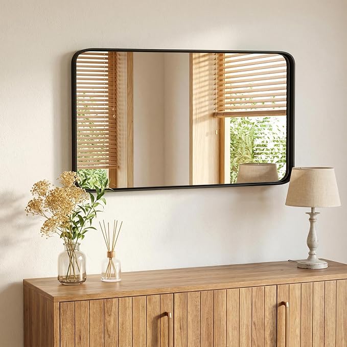 OLIXIS Bathroom Mirror for Over Sink, 30x48 Inch Wall Rounded Rectangle Mirror with Matte Metal Framed, Modern Wall Mount Vanity Mirror for Home Decor, Living Room, Bedroom, Gold