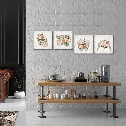 KREATIVE ARTS 4-Piece Vintage Skull Canvas Wall Art Floral Skeleton Anatomy, Gothic Decor for Bedroom, Living Room, or Office, Medical Human Anatomy Halloween Print, Ready to Hang