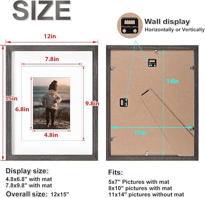 KINLINK 11x14 Picture Frame Ash Black, Solid Wood Frames with Acrylic Plexiglass for Pictures 5x7/8x10 with Mat or 11x14 without Mat, Tabletop and Wall Display, Set of 4