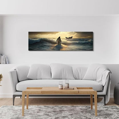 Jesus Walking on Water Wall Art Christian Picture Wall Decor for Living Room Bedroom Vintage Christ Religion Poster Canvas Prints Abstract Sunset Ocean Panoramic Painting Artwork Home Decorations 14x48”