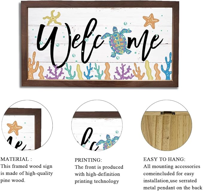 Ocean Welcome Sign, Welcome Decor Signs, Sea Turtle Decors, Beach House Decoration for Indoor Outdoor, Decorative Wooden Wall Plaque, Rustic Framed Wall Decor, 15×7.5×0.3 inches