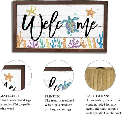 Ocean Welcome Sign, Welcome Decor Signs, Sea Turtle Decors, Beach House Decoration for Indoor Outdoor, Decorative Wooden Wall Plaque, Rustic Framed Wall Decor, 15×7.5×0.3 inches