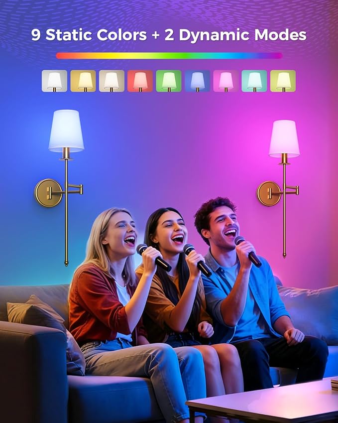 Joosenhouse Battery Operated Wall Sconces (Set of 2), Wireless Dimmable Wall Lights, 9 RGB Color Options, 24.8-inch Brass Indoor Wall Lamps, for Decorating bedrooms, Living Rooms, and hallways