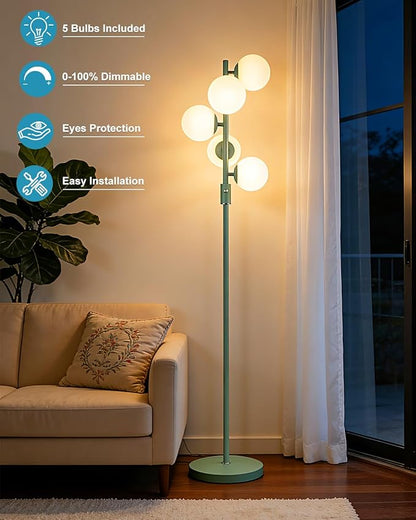 Lightdot Dimmable Globe Floor Lamp Mid Century Modern Floor Lamp with 5Pcs 3000K G9 Bulbs Stepless Brightness Adjustable Green Standing Lamps with 5Lbs Heavy Base for Living Room Bedroom Office