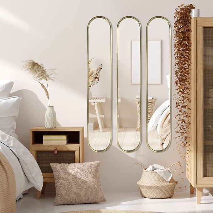 OUSHUAI Gold Tall Mirror,Narrow Capsule Long Mirrors with Metal Frame for Entryway,Hallway,Living Room 44"X8" (3pcs)