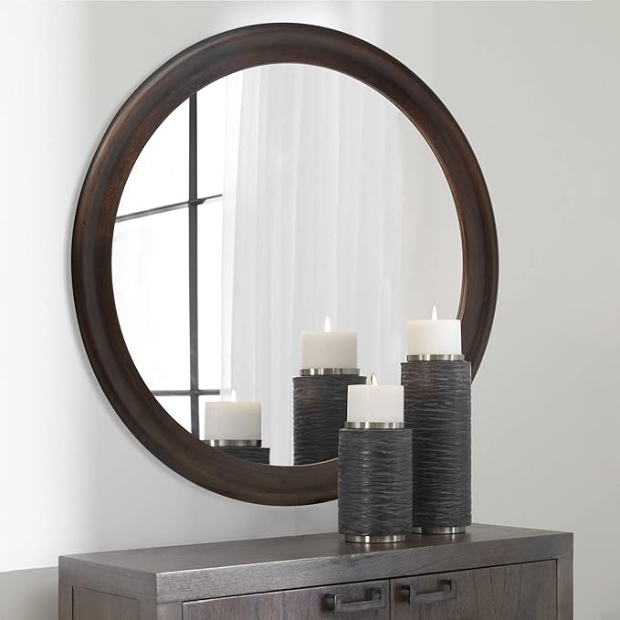 CULER Round Wall Mirrors 30 Inch,Wood Rustic Decorative Transitional Mirror with Walnut Frame for Wall,Farmhouse Hanging Vanity Mirror for Bathroom Bedroom Living Room or Entryway (Walnut Brown)