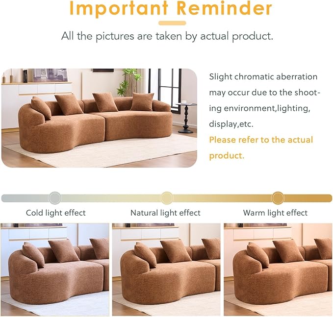 KEIKI Curved Chenille Modular Sectional Couches with Pillows, 4 Seater Oversized Upholstered Luxury Plush Cloud Sofa for Living Room Apartment, Caramel