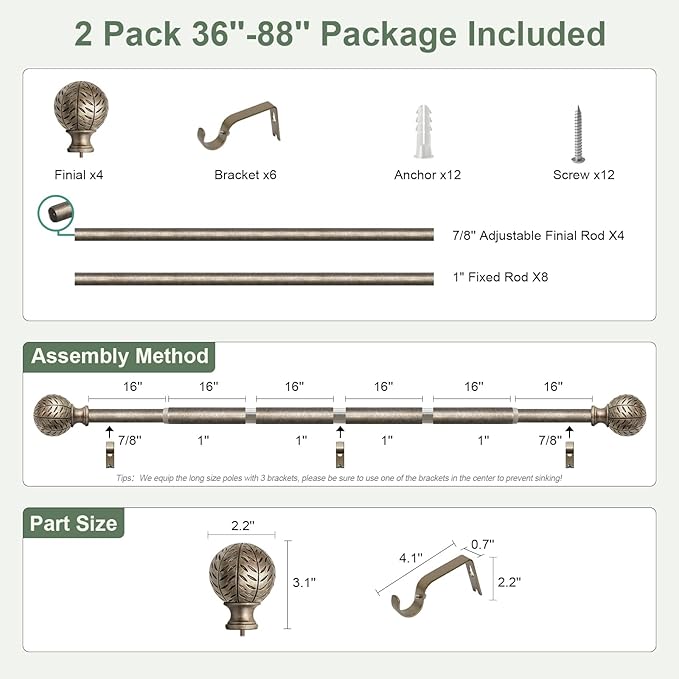 QDWIS 2 Pack Silver Curtain Rods for Windows 48 to 84 Inch,1'' Diameter Drapery Rods with Leaf Pattern Finials,Boho Adjustable Heavy Duty Curtain Rods Set,36-88'',Retro Silver