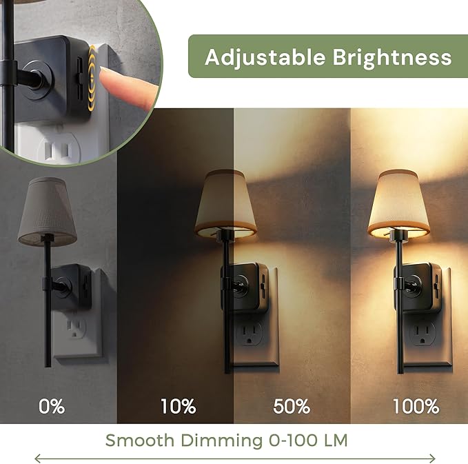 L LOHAS LED Night Light, 2 Pack Night Lights Plug Into Wall with 0-100 LM Dimmable, Premium Fabric Linen Shade Plug in Night Light, 3000K Warm LED Wall Night Light Bedroom, Living Room, Decor