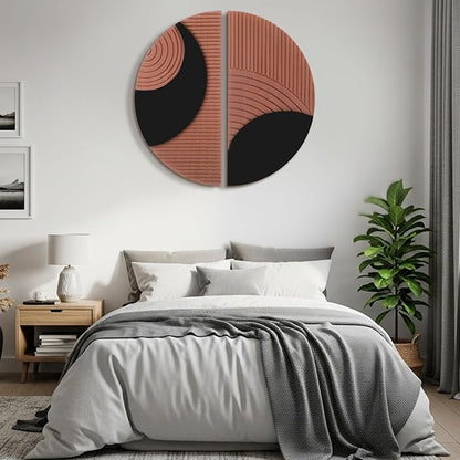 BrightRow 2 Pcs Boho Round Wall Decor Wood Mid-century Wall Art Geometric Half-circle Line Art Design Hand-carved for Farmhouse and Country Style Interior Decoration, 11.8 Inches
