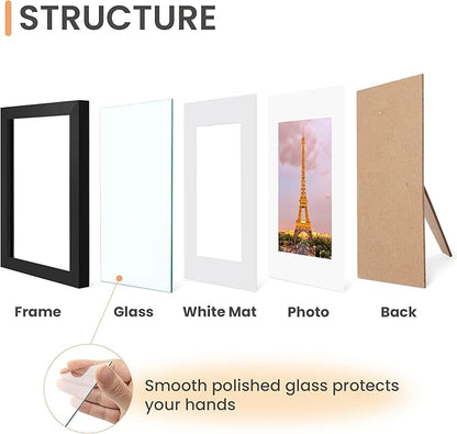 upsimples 5x7 Picture Frame Set of 3, Made of High Definition Glass for 4x6 with Mat or 5x7 Without Mat, Wall and Tabletop Display Photo Frames, Black