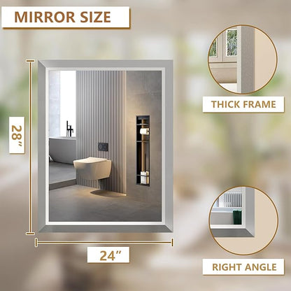 SMIROR Brushed Silver Bathroom Mirror for Over Sink, 24”x 28” Metal Thick Framed Rectangle Vanity Mirror for Wall, Right Angle Corner, Anti-Rust, Horizontally or Vertically Mounted