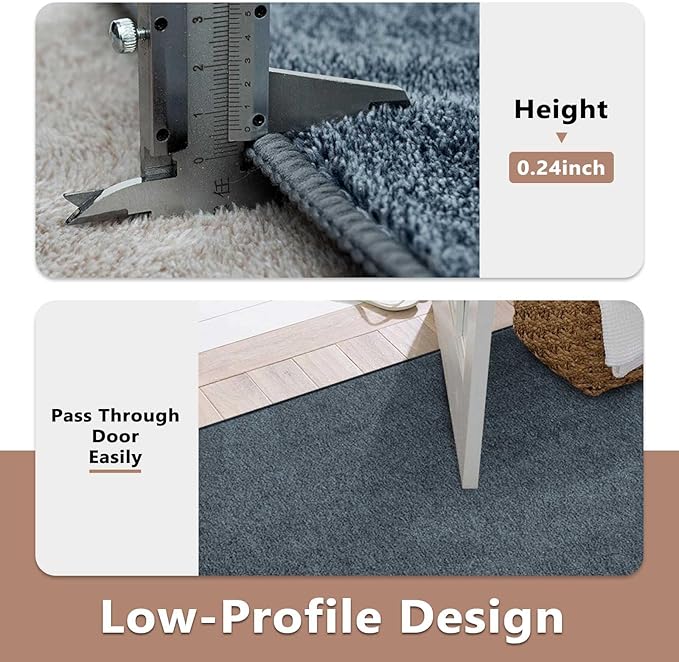 FinRèc 8x10 Washable Area Rugs for Bedroom Living Room, Low Pile Thin Rug Solid Color, Non-Slip Carpet Indoor for Home Decor (Grey Blue/White)