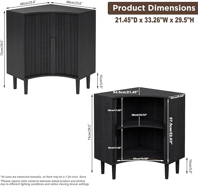 Lxsxlome Fluted Corner Cabinet, Small Corner Floor Cabinet with Sliding Doors and Adjustable Shelves, Modern Wooden Freestanding Narrow Storage Organizer for Small Space,Living Room (Black, 29.5" H)