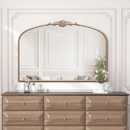 Besdomus Large Arched Vintage Mirror: 48"x33" French Oversize Champagne Gold Antique Wall Mounted Mirror - Baroque Traditional Ornate for Fireplace/Bathroom/Living Room - Home Decor for Housewife