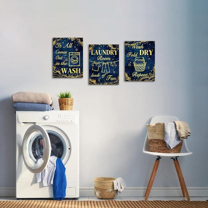 sechars Laundry Room Wall Art Wash Dry Fold Laundry Sign Painting Canvas Prints Blue and Gold Bathroom Laundry Decor (Blue)
