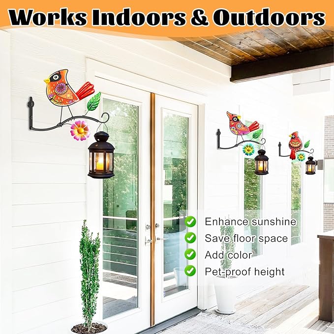 Metal Birds Wall Art Decor with Hanging Hooks, 3D Colorful Bird Outdoor Hanging Wall Art Patio Fence Decorations, Plant Bracket for Planters Wind Chimes Lanterns Garden Patio Decor (Cardinal)