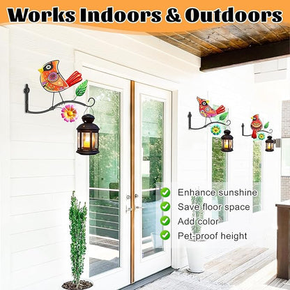 Metal Birds Wall Art Decor with Hanging Hooks, 3D Colorful Bird Outdoor Hanging Wall Art Patio Fence Decorations, Plant Bracket for Planters Wind Chimes Lanterns Garden Patio Decor (Cardinal)