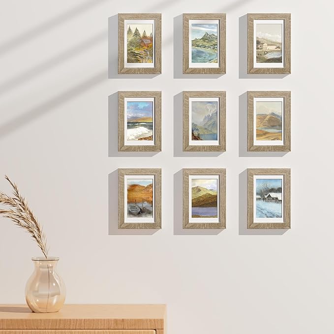Vittanly 4x6 Picture Frames Set of 9, Display 3.5x5 Pictures with Mat or 4x6 without Mat, Photo Frames for Wall or Tabletop with Plexiglass, Engineered Wood, Light Wood