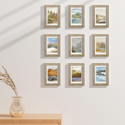 Vittanly 4x6 Picture Frames Set of 9, Display 3.5x5 Pictures with Mat or 4x6 without Mat, Photo Frames for Wall or Tabletop with Plexiglass, Engineered Wood, Light Wood