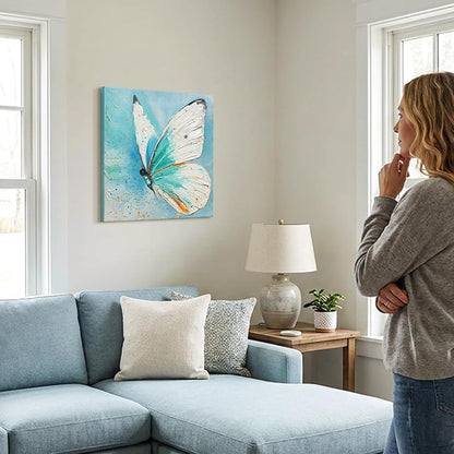 JUHOME Abstract Butterfly Wall Art – 24x24 In Original Hand-Painted Oil Painting, Blue and White Textured Canvas Wall Decor with Modern Floral Wing Details for Living Room Bedroom Office