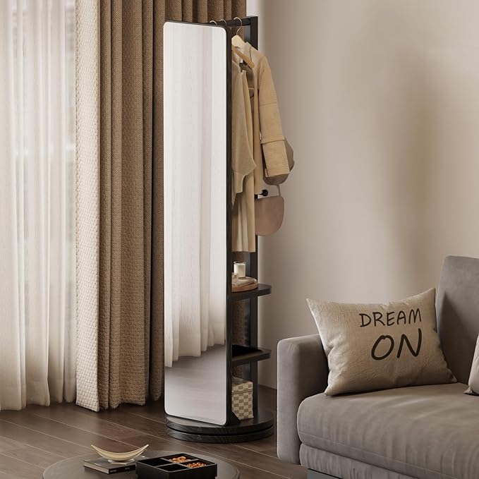 WoodsWhisper Full Length Mirror Coat Rack Solid Wood Floor Mirror 66"x12" Full Length Mirror with Stand Long Mirrors for Bedroom,Living Room (Black, 66" Lx12 W)