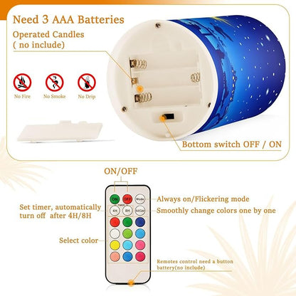 ALAZA Christmas Blue Nativity Scene Flickering Flameless Candles Battery Operated with Remote Timer,Tea Light Candles LED Pillar Votive Candles Set of 2 for Outdoor Indoor Decorations