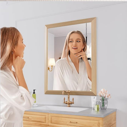 Amorho Bathroom Mirror, 28 X36 Inch Wall Mirror, Oak Wood Grain Metal Framed, Anti-Rust, Hang Horizontally/Vertically, Suitable for Bedroom, Farmhouse, Bathroom, Decorative