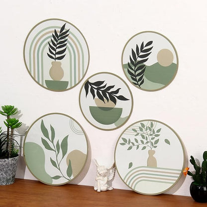 Zzbakress 5 Pcs Boho Wall Decor Farmhouse Wooden Round Bathroom Decor Vintage Bohemian Wall Hanging Decor for Living Room Modern Geometric Wall Decoration Aesthetic Minimalist Wooden Wall Art for Bedroom Apartment Office (Greenery, 5)