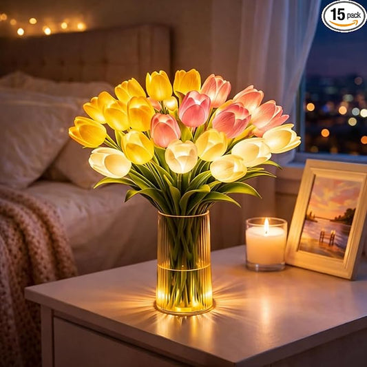 Radiant Romantic Tulip Light, 15-Piece Twinkling Tree Tulip LED Night Light, Flower-Shaped Ambient Night Lamp, Never-Fade Flower Ambient Lamp, for Bedroom, Assorted Colors (Excluding Vase)