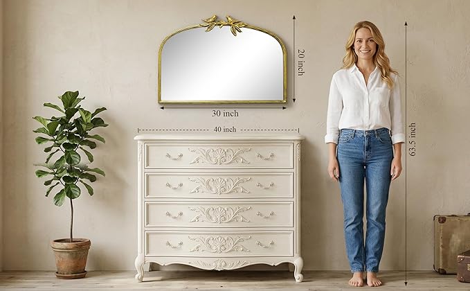 Antique Baroque Vintage Vanity Mirror 20x30Inch, Gold with Ornate Antique Frame, Arched Vintage Wall Mirror for Living Room, Fireplace, Entryway