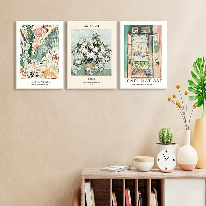 LYPHNX Framed Sage Green Matisse Canvas Wall Art Vintage Abstract Floral Prints Poster Set of 3 Mid Century Aesthetic Flower Artwork Painting Picture Decor for Living Room Bedroom Bathroom 12"x16"